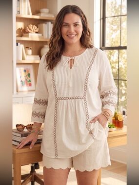 Woman Within   100% Cotton Cream Pintuck Tunic with Brown Embroidery